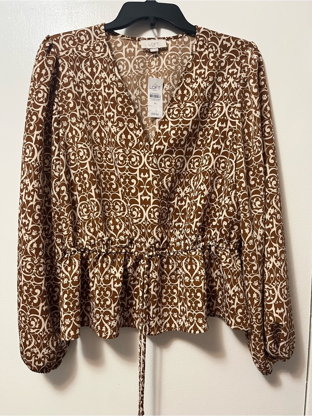 LOFT long-sleeve intricate damask peplum blouse in brown with cream scroll print